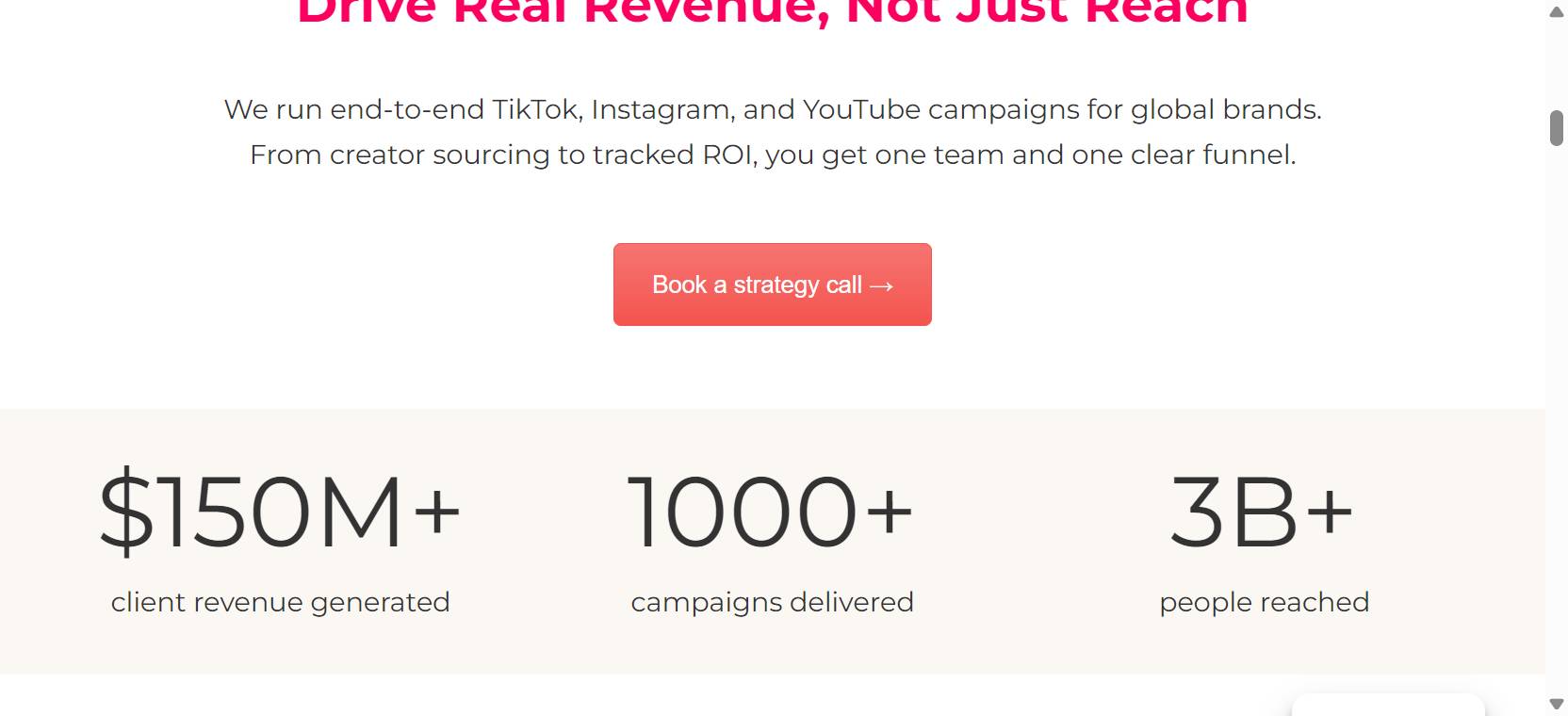Influencer Marketing Factory stats: $150M+ client revenue, 1,000+ campaigns, 3B+ reached, with Live Oak Bank testimonial