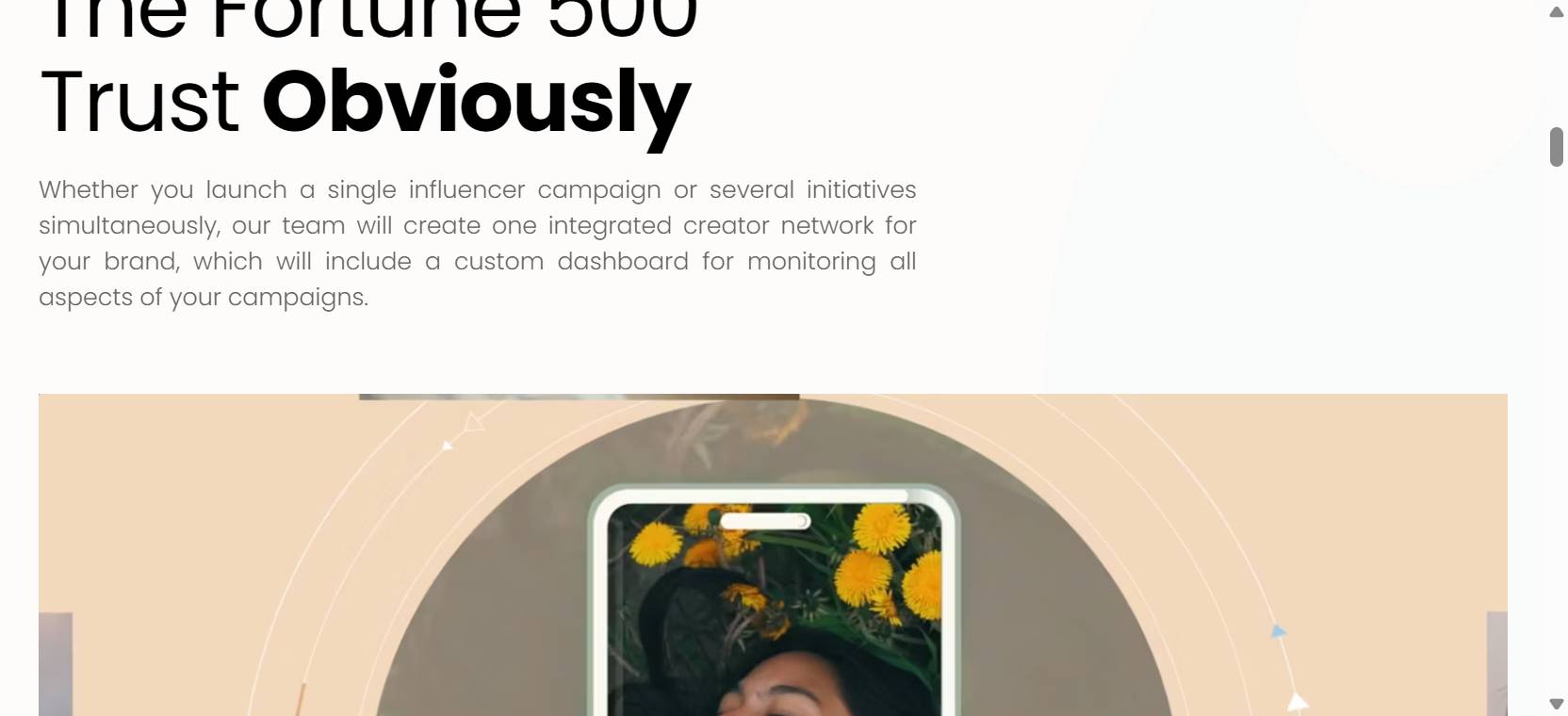 Obviously homepage section showing the Custom Creator Network model and proprietary dashboard pitch