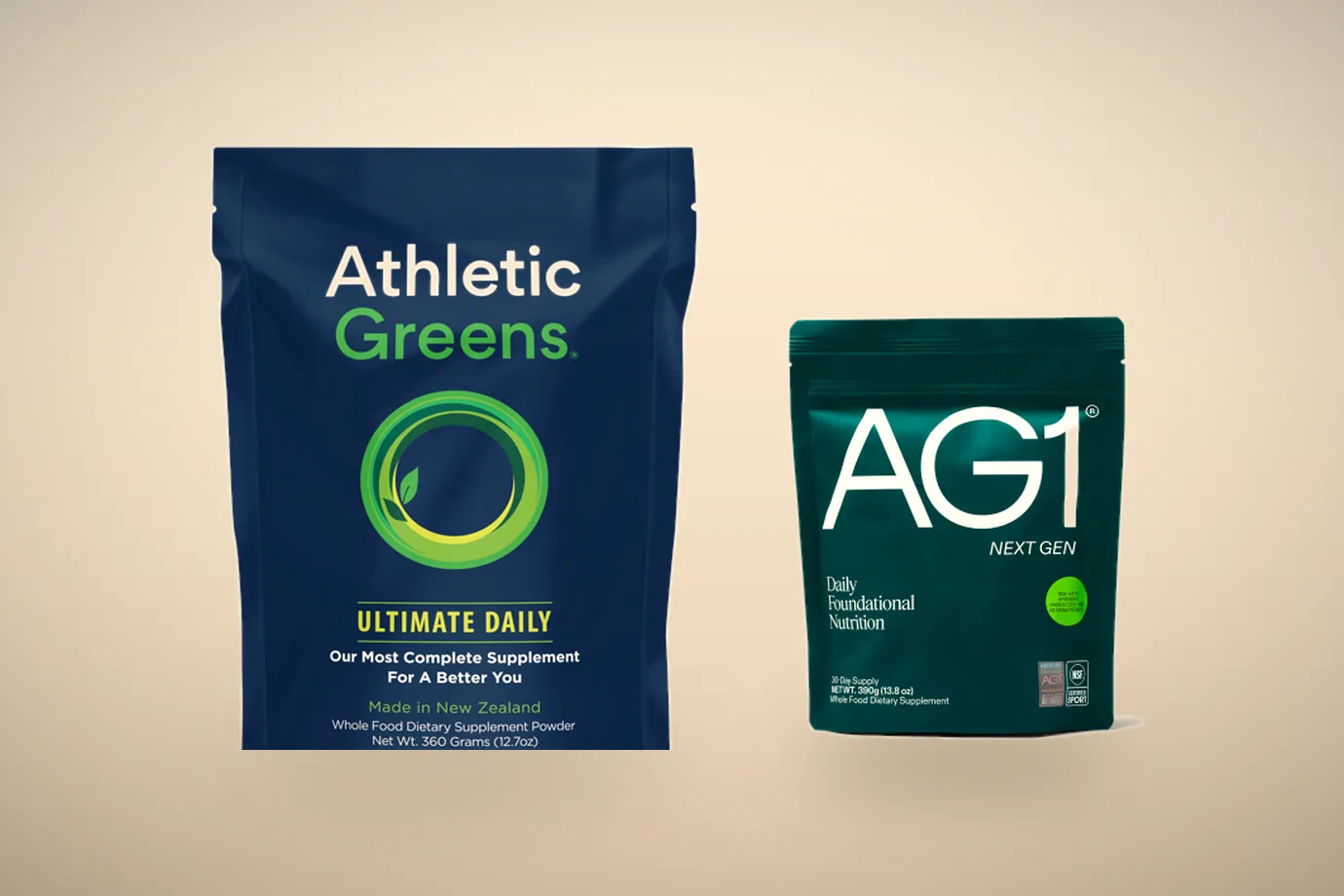 The Athletic Greens pouch beside the AG1 pouch